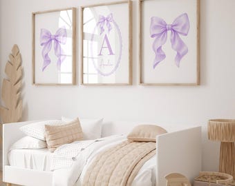 Purple Bow Prints, Personalised Bow Prints, Girls Wall Art, Girls Room Decor, Set of 3, Girls Nursery, Purple Bow Nursery, Bow Decor