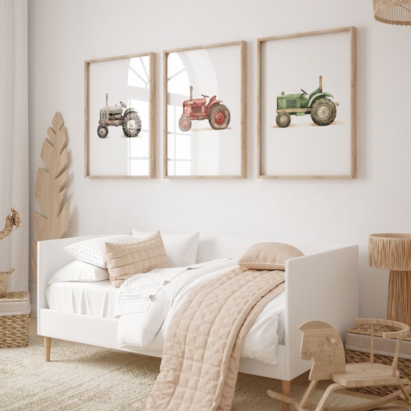 Tractor Prints, Nursery Prints, Boys Bedroom Prints, Boys Room Prints, Nursery Decor, Grey Tractor,  Green Tractor, Retro Tractors