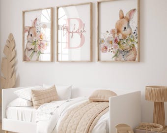 Rabbit Prints, Personalised Bunny Prints, Girls Wall Art, Girls Room Decor, Set of 3, Girls Nursery, Rabbit Decor, Rabbit Wall Art