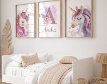 Unicorn Prints, Set of 3, Girl's Unicorn & Rainbow Prints, Unicorn Wall Art, Unicorn Decor