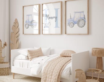Set of 3 Boy's Nursery Prints, Blue Tractor Wall Art, Baby Boy Nursery Decor