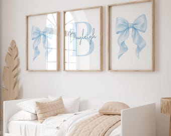 Blue Bow Prints, Personalised Bow Prints, Girls Wall Art, Girls Room Decor, Set of 3, Girls Nursery, Blue Bow Nursery
