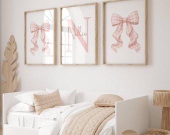 Gingham Bow Prints, Personalised Bow Prints, Girls Wall Art, Girls Room Decor, Set of 3, Girls Nursery, Pink Bow Nursery