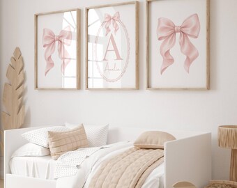 Pink Bow Prints, Personalised Bow Prints, Girls Wall Art, Girls Room Decor, Set of 3, Girls Nursery, Pink Bow Nursery, Bow Decor