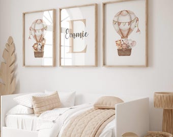 Neutral Hot Air Balloon Safari Nursery Prints, Set of 3, Gender Neutral Decor, Personalised