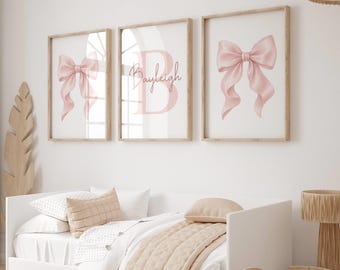 Pink Bow Prints, Personalised Bow Prints, Girls Wall Art, Girls Room Decor, Set of 3, Girls Nursery, Pink Bow Nursery