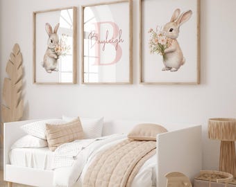 Rabbit Prints, Personalised Bunny Prints, Girls Wall Art, Girls Room Decor, Set of 3, Girls Nursery, Rabbit Decor, Rabbit Wall Art