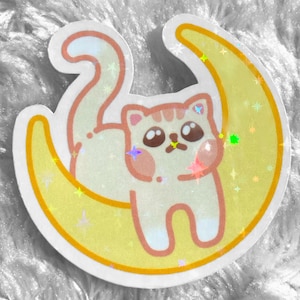 Kawaii Katzen Sticker Holografisch Glitzer Vinyl Aufkleber – Süße Katze auf Mond | Pastell Galaxy Space Laptop Notizbuch Scrapbook Weltraum