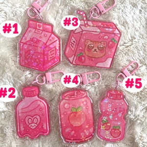 KAWAII KEYCHAIN  cute Holographic Stars Strawberry Soda Peach Milk Juice Box accessory Charm Japanese Ramune Anime gift for girlfriend girly