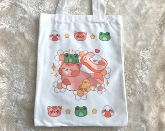 Animals Tote bag Small bag kawaii Canvas tote bag cute Graphic cozy aesthetic Cat frog duck daisy carrying bag cotton kawaii bag chicken