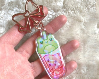 Frog Keychain Bubble tea kawaii Keychain Cute Holographic Coquette cute Holo gift Acrylic Charm birthday gift ribbon kawaii aesthetic boba