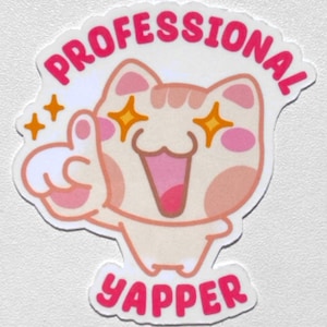Op de afbeelding: Een sticker met een cartoonkat die een duim omhoog steekt. De kat is perzik van kleur met roze accenten en stervormige ogen. De woorden "PROFESSIONAL" en "YAPPER" zijn in roze geschreven.