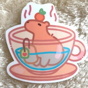 Capybara Sticker Waterproof Cozy Capybara Tea Sticker Orange kawaii Sticker Cute Tea gift Vinyl Ipad Sticker Waterbottle Kindle Laptop