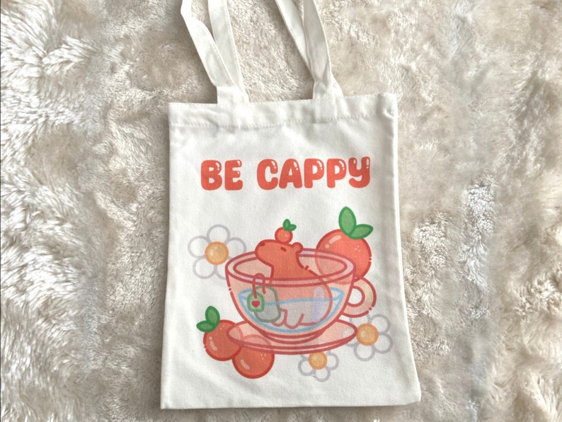 Capybara Tote bag Small bag kawaii Canvas tote bag cute Graphic cozy aesthetic tea orange daisy flower carrying bag cotton kawaii bag capy image 1