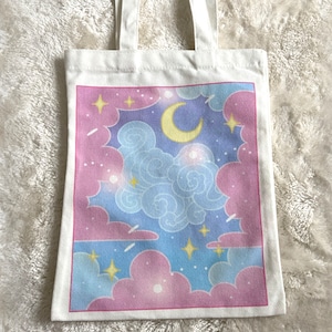 Sac fourre-tout rêveur Petit sac kawaii Sac fourre-tout en toile mignon Graphique confortable sac de transport esthétique coton kawaii sac Starry Moon Stars beau cadeau