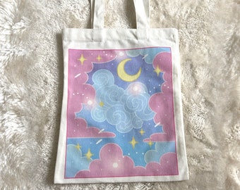 Dreamy Tote bag Small bag kawaii Canvas tote bag cute Graphic cozy aesthetic carrying bag cotton kawaii bag Starry Moon Stars lovely gift