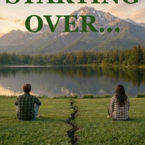 Op de afbeelding: Boekomslag met de titel "STARTING OVER..." in groene letters. De afbeelding toont een landschap met een meer, bergen en twee mensen die in het gras zitten. De tekst hieronder luidt: "A Practical Guide to Navigating Divorce, Living Alone, and Rebuilding Your Life."