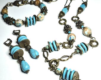 Collar, pulsera y pendientes de bronce Emperador Turquesa y Azul Conjunto de joyas de bronce