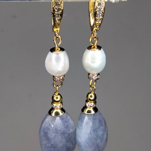 Aquamarine and pearl teardrop 14K gold plated earrings