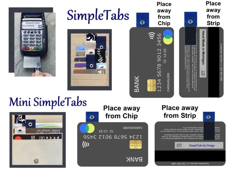 Puede incluir: Primer plano de una cartera de cuero beige con m&uacute;ltiples ranuras para tarjetas y una pesta&ntilde;a azul que dice "Place away from Chip". La cartera est&aacute; etiquetada como "SimpleTabs" y "Mini SimpleTabs".