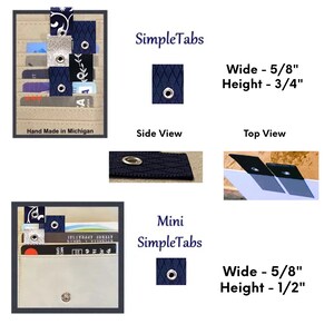 Puede incluir: Dos tama&ntilde;os diferentes de insertos para billetera con tela azul y ojales met&aacute;licos. El inserto m&aacute;s grande est&aacute; etiquetado como "SimpleTabs" y mide 5/8 pulgadas de ancho por 3/4 pulgadas de alto. El inserto m&aacute;s peque&ntilde;o est&aacute; etiquetado como "Mini SimpleTabs" y mide 5/8 pulgadas de ancho por 1/2 pulgadas de alto.