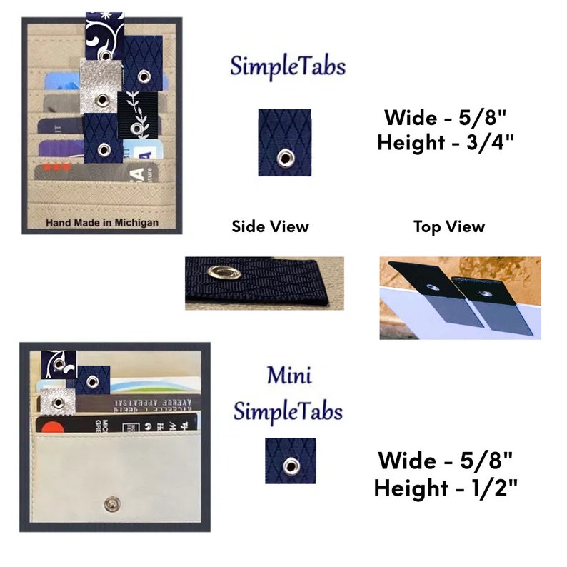 Puede incluir: Dos tama&ntilde;os diferentes de insertos para billetera con tela azul y ojales met&aacute;licos. El inserto m&aacute;s grande est&aacute; etiquetado como "SimpleTabs" y mide 5/8 pulgadas de ancho por 3/4 pulgadas de alto. El inserto m&aacute;s peque&ntilde;o est&aacute; etiquetado como "Mini SimpleTabs" y mide 5/8 pulgadas de ancho por 1/2 pulgadas de alto.
