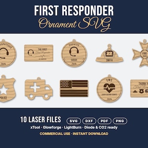 May include: A collection of ten laser-cut wooden ornament designs featuring first responder themes. The set includes icons for dispatchers, police, fire, and EMS, with text such as 911 DISPATCHER, SARAH, SMITH, FIRE 2026, POLICE, and THANK YOU FIRST RESPONDERS.