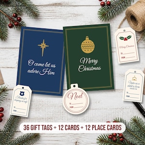 Printable Christmas Bundle, 36 Gift Tags, 12 Christmas Cards and 12 Place Cards, Nativity KJV, First Responder, Instant Download