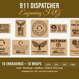 Op de afbeelding: Een digitale collectie van 10 houtgetextureerde grafische ontwerpen voor 911-dispatchers, met Amerikaanse vlagmotieven, headsets, adelaars en teksten zoals The Calm In The Chaos, Retired en Isaiah 6:8, geformatteerd voor lasergraveren.