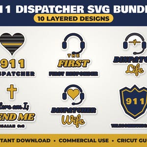 911 Dispatcher SVG Bundle, 10 Layered Thin Gold Line Designs for Cricut Dispatch Shirts