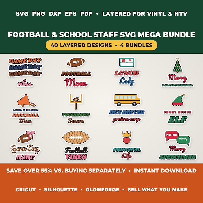 Momma Pattern Svg Football School Staff SVG Mega Bundle, 40 Layered Designs, Game Day ...