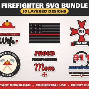 Firefighter SVG Bundle, 10 Layered Thin Red Line Designs for Cricut Shirts