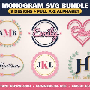 Layered Monogram SVG Bundle, Blommigt Initial Alfabet, Cricut Cut Fil