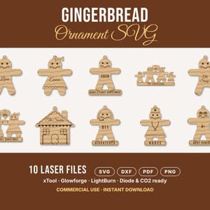 Pacote de Enfeites de Biscoito de Gengibre Personalizados em SVG, 10 Arquivos de Corte a Laser para xTool Glowforge, Enfeites de Natal com Nome Personalizado, Download Instantâneo