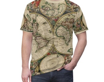 Vintage World Map Graphic Tee, Rustic All Over Print