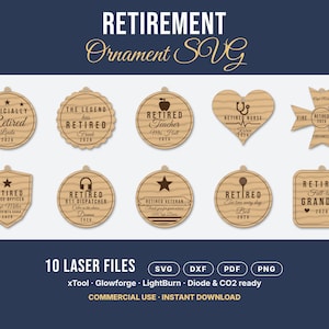 SVG-bundel met pensioenornamenten, 10 lasergesneden pensioencadeaus voor gepensioneerde leraren, verpleegkundigen, brandweerlieden, politieagenten, 911-centralisten en veteranen.