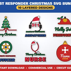 Weihnachts-SVG-Bundle für Ersthelfer, Notrufdisponent (SVG), Krankenschwester (PNG), Feuerwehr-Weihnachtsschmuck (SVG), Rettungsdienst (SVG), Polizei (SVG), Cricut-SVG