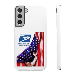 May include: A white phone case with a United States Postal Service logo and an American flag design. The flag is draped over a hand, with the stars and stripes visible.
