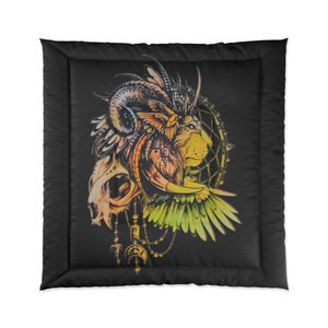May include: A black and gold dreamcatcher with a lion's head, feathers, and a skull. The lion's head is adorned with a crown of feathers and horns. The dreamcatcher is surrounded by a circle of beads and feathers.