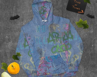 ESTAMPA DE JEANS GRAFFITI/Moletom com capuz unissex/Peças de impressão artística feitas à mão somente em nossas lojas