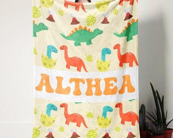Personalized Watercolor Dinosaurs Minky Blanket, Custom Name Gift