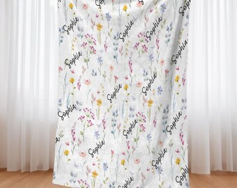 Personalized Wildflower Baby Blanket, Custom Name Swaddle