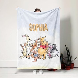 Personalized Watercolor Winnie the Pooh Blanket, Pooh Bear and Friends Blanket, Birthday Gift for Her/Him, Kids Adults Blankets Minky Blankt