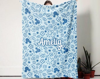 Manta personalizada de Mickey Mouse, manta con nombre de dibujos animados de acuarela