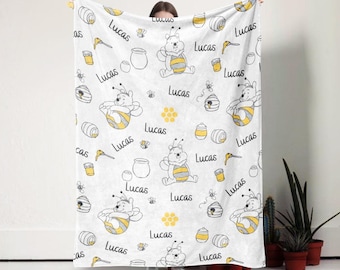 Personalized Cute Honey Bee Bear Blanket, Kid Name Blanket, Cartoon Movie Blanket, Birthday Gift for Her/Him, Kids Blanket Minky Blankt