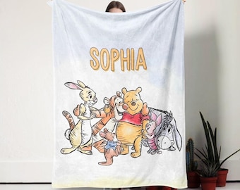 Personalized Watercolor Winnie the Pooh Blanket, Pooh Bear and Friends Blanket, Birthday Gift for Her/Him, Kids Adults Blankets Minky Blankt