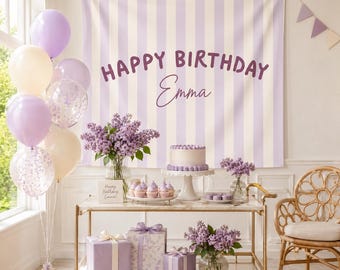 Personalized Birthday Tapestry, Custom Birthday Banner with Name, Boho Stripe Party Backdrop Sign