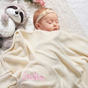 Custom Baby Blanket, Embroidered Knit Name Blanket, Personalized Cotton Newborn Gift, Baby Shower Blanket, Cotton Knit Blanket for Newborn