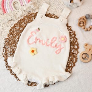 Custom Hand Embroidered Baby Bodysuit, Custom Name Baby Romper Unisex, Knitted Sweater Romper for Baby, First Birthday Gift Baby Shower Gift