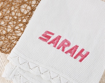 Embroidered Cotton Knit Baby Blanket, Personalized Newborn Gift